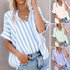 Women’s Clothing Casual Commuter Printed Striped Contrast Color Short Sleeved Cardigan Shirt Tops