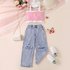 Baby Clothing Girls summer woollen polka dot solid color sleeveless, off-the-shoulder pullover ripped denim trousers two-piece set