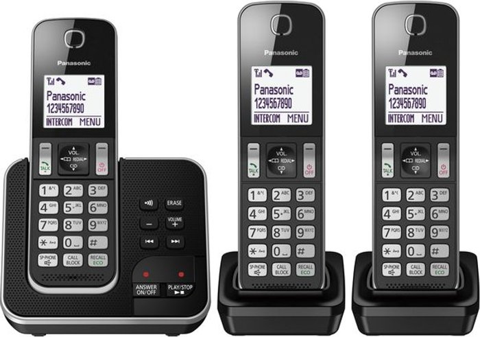 Currys Business | Panasonic PANASONIC KX-TGD623EB Cordless Phone - Triple Handsets Panasonic PANASONIC KX-TGD623EB Cordless Phone - Triple Handsets