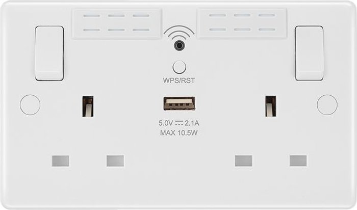Currys Business | BG ELECTRICAL BG ELECTRICAL 822UWR Double Wall Socket with WiFi Extender & USB - White BG ELECTRICAL BG ELECTRICAL 822UWR Double Wall Socket with WiFi Extender & USB - White