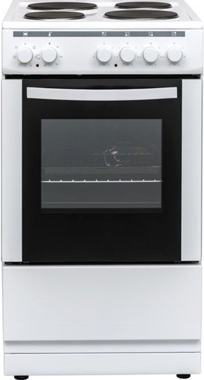 Currys Business | Essentials ESSENTIALS CFSEWH18 50 cm Electric Solid Plate Cooker - White Essentials ESSENTIALS CFSEWH18 50 cm Electric Solid Plate Cooker - White