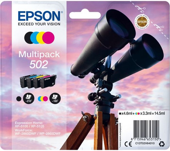 Currys Business | Epson EPSON Binoculars 502 Cyan, Magenta, Yellow & Black Ink Cartridges - Multipack Epson EPSON Binoculars 502 Cyan, Magenta, Yellow & Black Ink Cartridges - Multipack