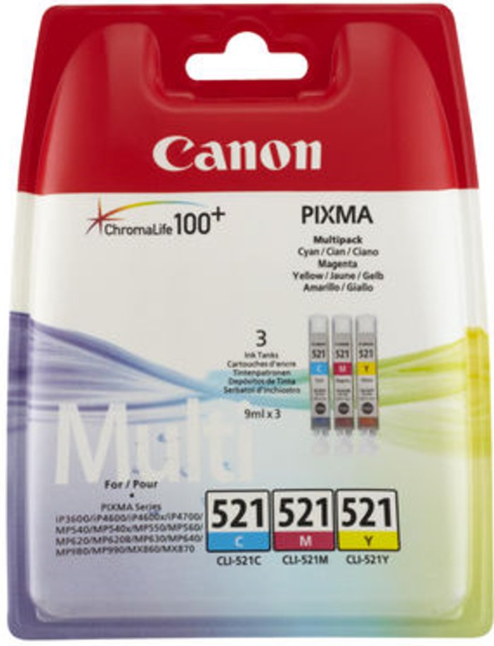 Currys Business | Canon Canon CLI-521 Colour Inkjet Cartridge Multipack Cyan/Magenta/Yellow 2934B010 Canon Canon CLI-521 Colour Inkjet Cartridge Multipack Cyan/Magenta/Yellow 2934B010
