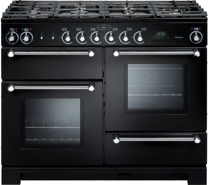 Currys Business | Rangemaster RANGEMASTER Kitchener 110 cm Dual Fuel Range Cooker - Black & Chrome Rangemaster RANGEMASTER Kitchener 110 cm Dual Fuel Range Cooker - Black & Chrome