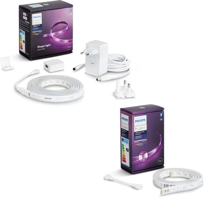 Currys Business | Philips Hue PHILIPS HUE White & Colour Ambiance Smart LED 2 m Lightstrip Plus Kit with 1 m Extension & Bluetooth - 3 m Philips Hue PHILIPS HUE White & Colour Ambiance Smart LED 2 m Lightstrip Plus Kit with 1 m Extension & Bluetooth - 3 m