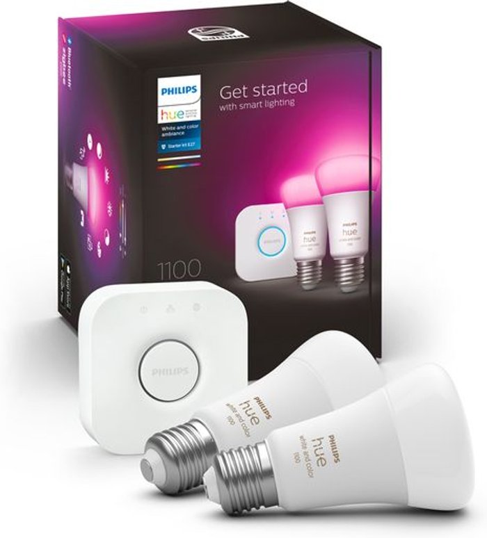 Currys Business | Philips Hue PHILIPS HUE White & Colour Ambiance Starter Kit with Twin Pack LED Smart Bulb & Bridge - E27 Philips Hue PHILIPS HUE White & Colour Ambiance Starter Kit with Twin Pack LED Smart Bulb & Bridge - E27