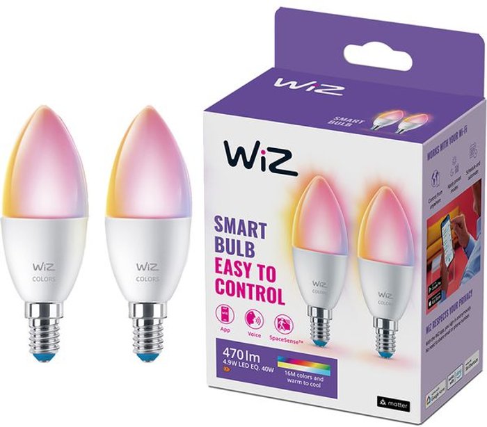 Currys Business | WIZ CONNECT WIZ CONNECTED Colour Smart Candle Light Bulb - E14, Twin Pack WIZ CONNECT WIZ CONNECTED Colour Smart Candle Light Bulb - E14, Twin Pack