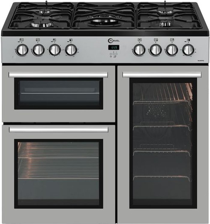 Currys Business | Flavel FLAVEL MLN9FRS 90 cm Dual Fuel Range Cooker - Silver & Black, Silver/Grey Flavel FLAVEL MLN9FRS 90 cm Dual Fuel Range Cooker - Silver & Black, Silver/Grey