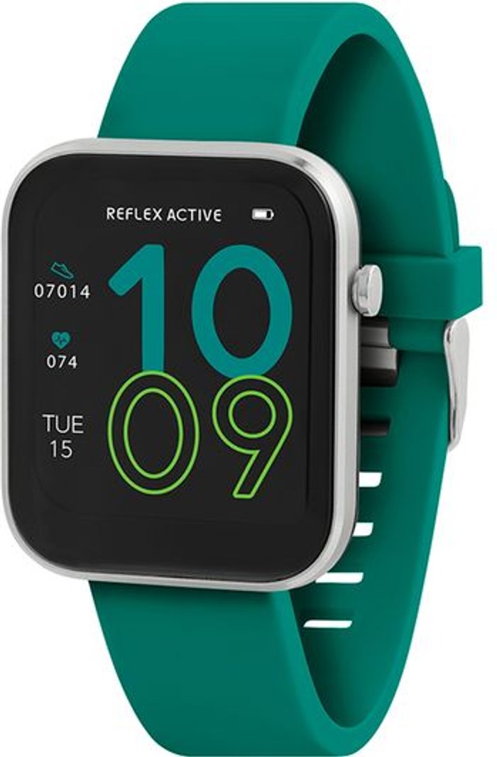 Currys Business | REFLEX ACTIVE REFLEX ACTIVE Series 12 Smart Watch - Silver & Teal, Silicone Strap, Silver/Grey,Green REFLEX ACTIVE REFLEX ACTIVE Series 12 Smart Watch - Silver & Teal, Silicone Strap, Silver/Grey,Green