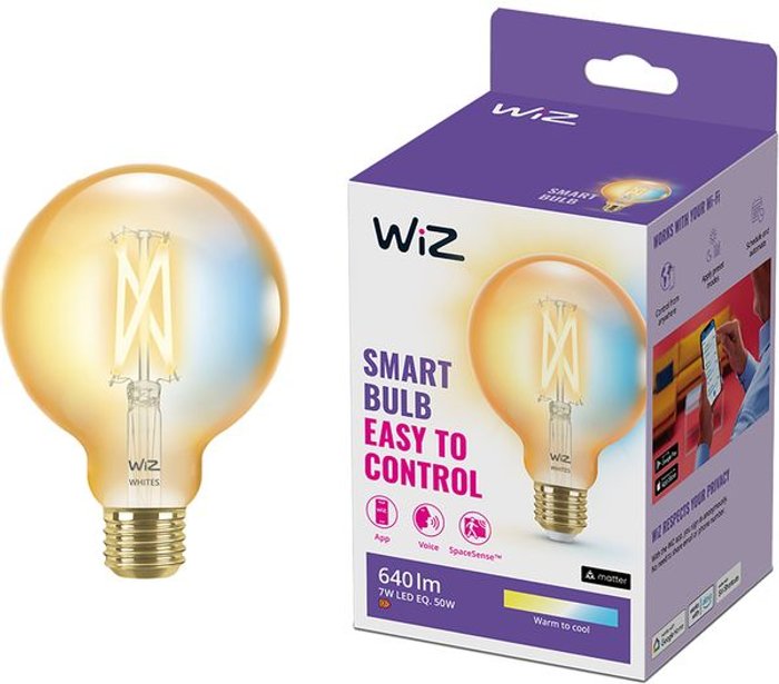 Currys Business | WIZ WIZ Filament Amber Tuneable White Smart LED Light Bulb - E27, G95 WIZ WIZ Filament Amber Tuneable White Smart LED Light Bulb - E27, G95