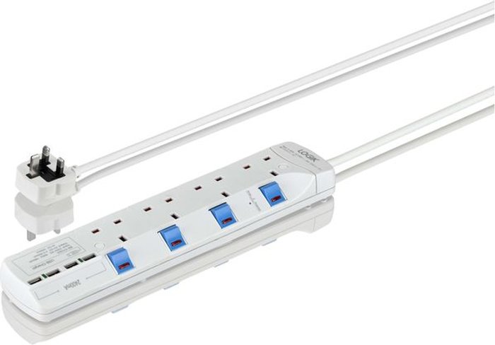 Currys Business | Logik LOGIK L4W2SU18 Surge Protected 4-socket Extension Lead with USB - 2 m Logik LOGIK L4W2SU18 Surge Protected 4-socket Extension Lead with USB - 2 m