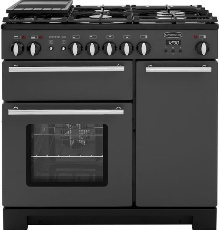 Currys Business | Rangemaster RANGEMASTER Estate 90 EST90DFFSL/C Dual Fuel Range Cooker - Slate & Chrome Rangemaster RANGEMASTER Estate 90 EST90DFFSL/C Dual Fuel Range Cooker - Slate & Chrome