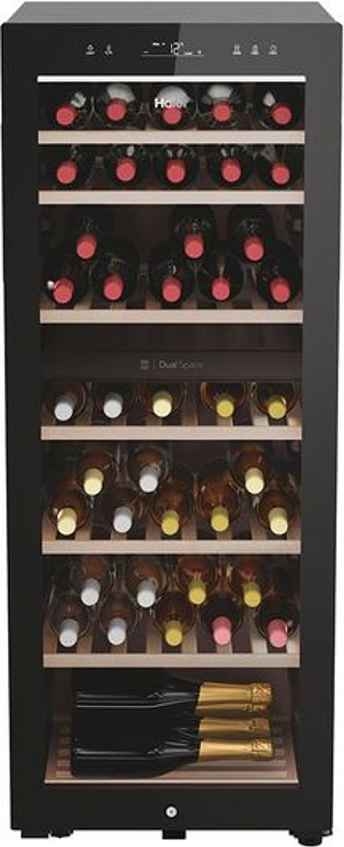 Currys Business | Haier HAIER HWS77GDAU1 Dual Zone Wine Cooler - Black, Black Haier HAIER HWS77GDAU1 Dual Zone Wine Cooler - Black, Black