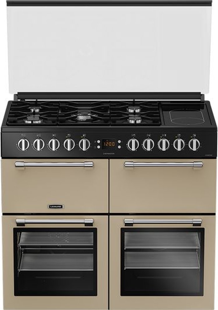 Currys Business | Leisure LEISURE Chefmaster CC100F521C 100 cm Dual Fuel Range Cooker - Cream & Black Leisure LEISURE Chefmaster CC100F521C 100 cm Dual Fuel Range Cooker - Cream & Black