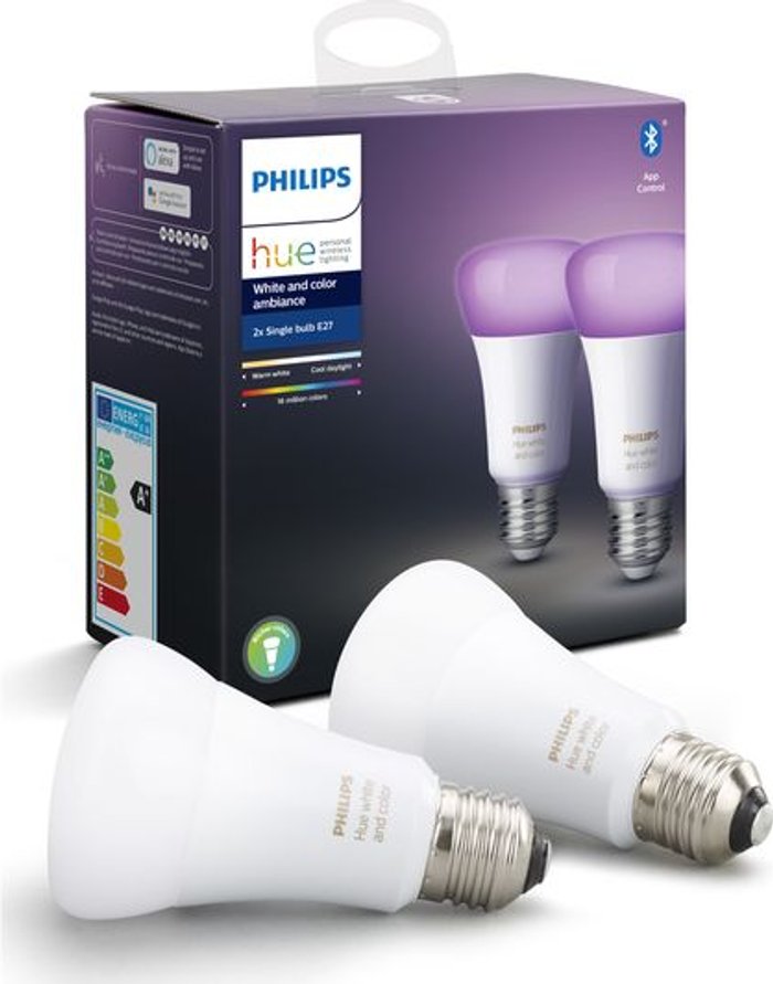 Currys Business | Philips Hue PHILIPS HUE White & Colour Ambiance Bluetooth LED Bulb - E27, Twin Pack Philips Hue PHILIPS HUE White & Colour Ambiance Bluetooth LED Bulb - E27, Twin Pack