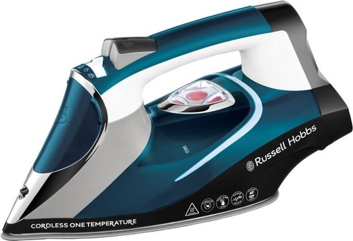 Currys Business | Russell Hobbs RUSSELL HOBBS One Temp 26020 Cordless Steam Iron - Blue & White Russell Hobbs RUSSELL HOBBS One Temp 26020 Cordless Steam Iron - Blue & White