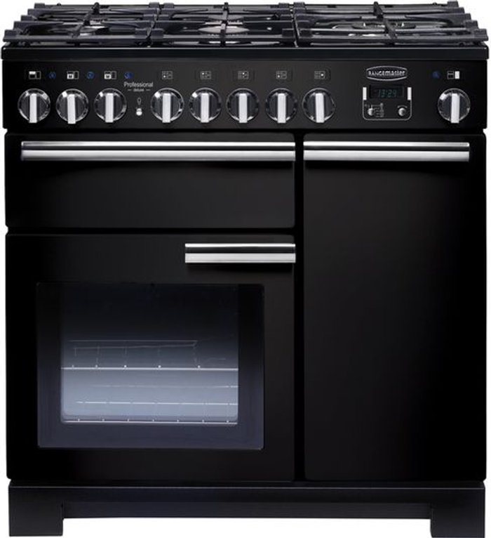 Currys Business | Rangemaster RANGEMASTER Professional Deluxe 90 Dual Fuel Range Cooker - Black & Chrome Rangemaster RANGEMASTER Professional Deluxe 90 Dual Fuel Range Cooker - Black & Chrome