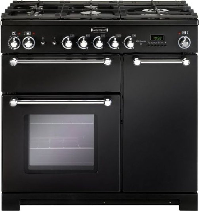 Currys Business | Rangemaster RANGEMASTER Kitchener KCH90DFFBL/C Dual Fuel Range Cooker - Black & Chrome Rangemaster RANGEMASTER Kitchener KCH90DFFBL/C Dual Fuel Range Cooker - Black & Chrome