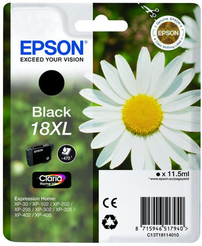 Currys Business | Epson Epson 18XL Home Ink Cartridge Claria High Yield Daisy Black C13T18114012 Epson Epson 18XL Home Ink Cartridge Claria High Yield Daisy Black C13T18114012