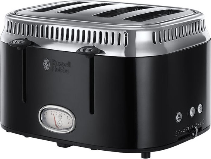 Currys Business | Russell Hobbs RUSSELL HOBBS Retro 21691 4-Slice Toaster - Black, Black Russell Hobbs RUSSELL HOBBS Retro 21691 4-Slice Toaster - Black, Black