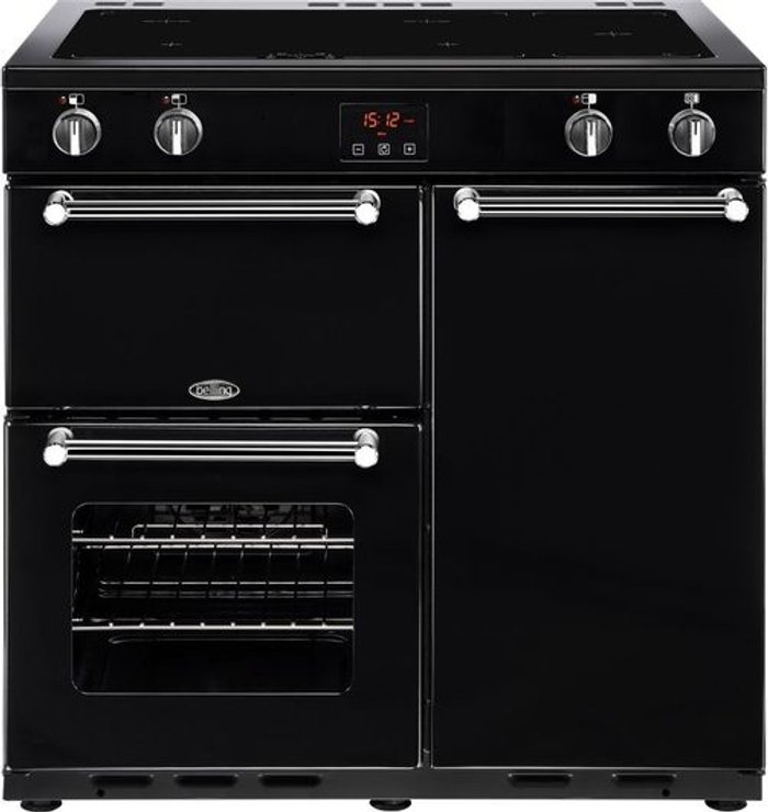 Currys Business | Belling BELLING Kensington 90 cm Electric Induction Range Cooker - Black & Chrome, Black Belling BELLING Kensington 90 cm Electric Induction Range Cooker - Black & Chrome, Black