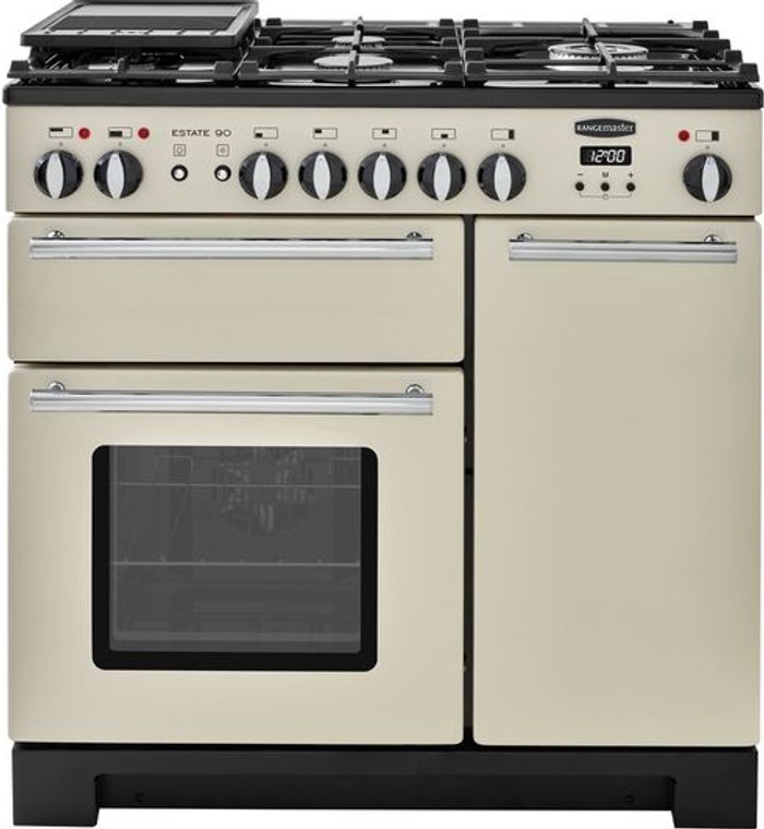 Currys Business | Rangemaster RANGEMASTER Estate 90 EST90DFFIV/C Dual Fuel Range Cooker - Ivory & Chrome, Silver/Grey,Cream Rangemaster RANGEMASTER Estate 90 EST90DFFIV/C Dual Fuel Range Cooker - Ivory & Chrome, Silver/Grey,Cream