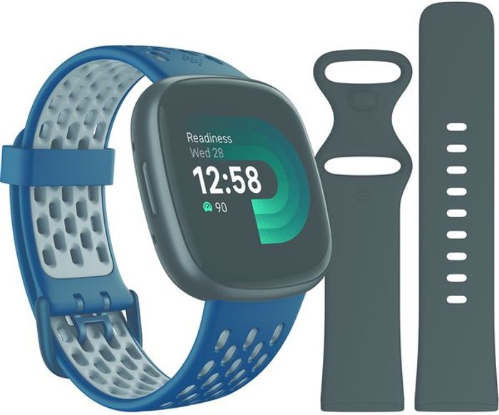 Currys Business | Fitbit FITBIT Versa 4 Smart Watch Sports Pack with Additional Blue Sports Band - Black & Graphite, Black,Blue Fitbit FITBIT Versa 4 Smart Watch Sports Pack with Additional Blue Sports Band - Black & Graphite, Black,Blue