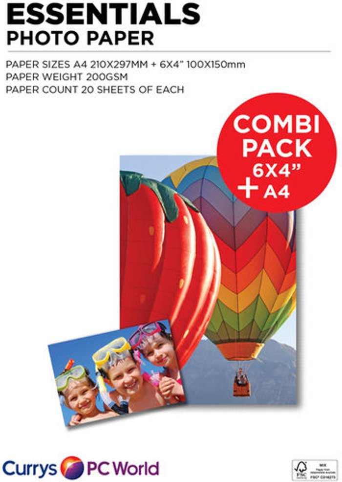 Currys Business | Essentials ESSENTIALS A4 / 100 x 150 mm Photo Paper Combi Pack - 40 Sheets Essentials ESSENTIALS A4 / 100 x 150 mm Photo Paper Combi Pack - 40 Sheets