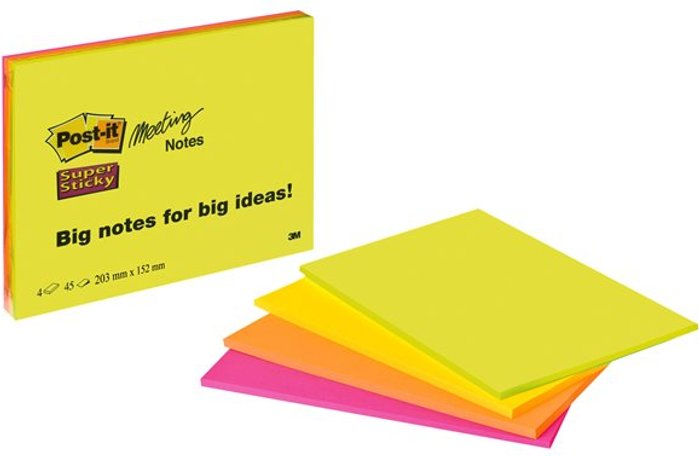 Currys Business | 3M PLC Post-it Super Sticky 6845-SSP - meeting note - 203.2 x 152.4 mm - 180 sheets (4 x 45) 3M PLC Post-it Super Sticky 6845-SSP - meeting note - 203.2 x 152.4 mm - 180 sheets (4 x 45)