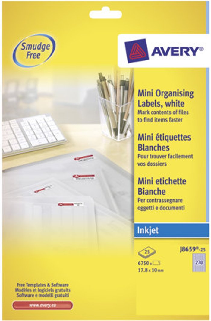 Currys Business | Avery Avery Inkjet Mini Labels 270 Per Sheet White (Pack of 6750) J8659-25 Avery Avery Inkjet Mini Labels 270 Per Sheet White (Pack of 6750) J8659-25