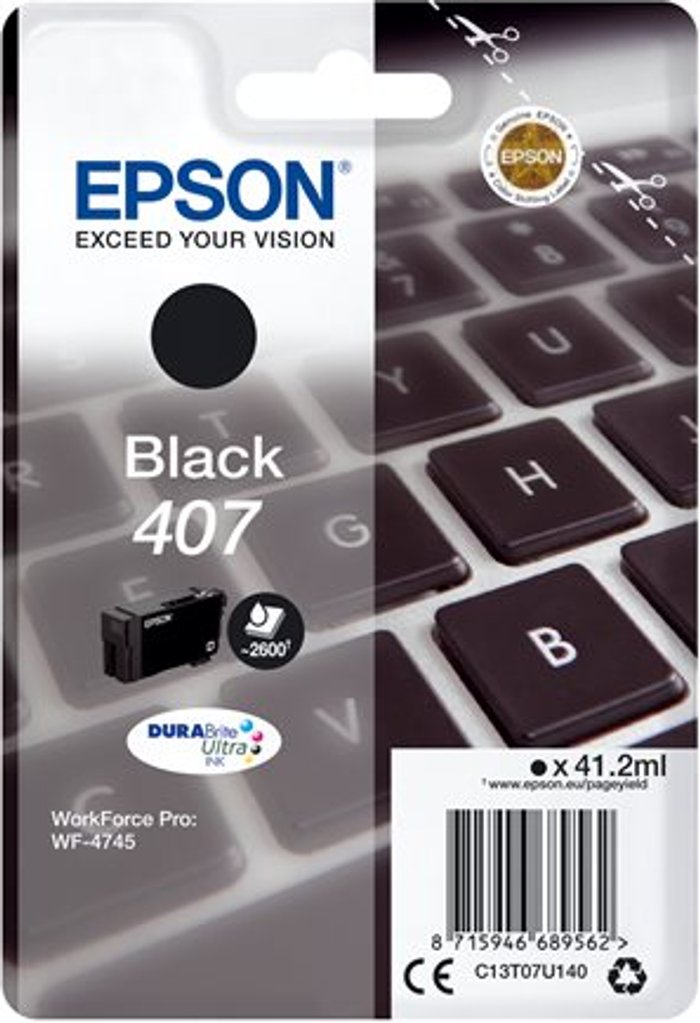 Currys Business | Epson Epson 407 Ink Cartridge DURABrite Ultra WF-4745 Series Keyboard Black C13T07U140 Epson Epson 407 Ink Cartridge DURABrite Ultra WF-4745 Series Keyboard Black C13T07U140