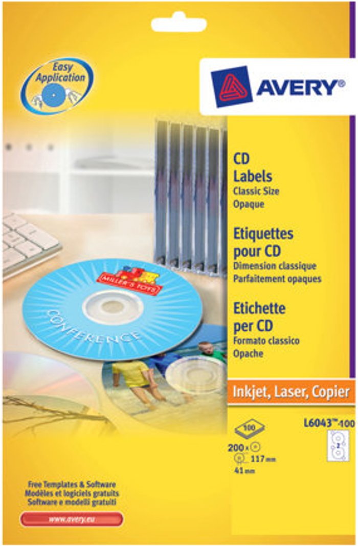 Currys Business | Avery Avery CD/DVD Labels Classic Size - CD/DVD labels - 200 label(s) - 117 mm round Avery Avery CD/DVD Labels Classic Size - CD/DVD labels - 200 label(s) - 117 mm round