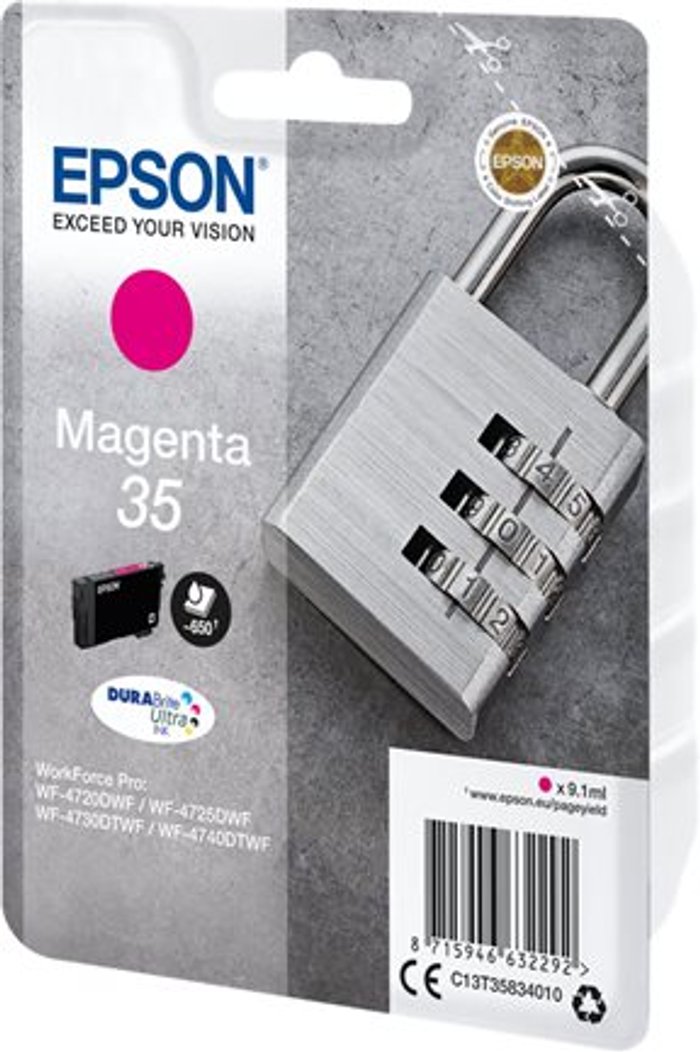 Currys Business | Epson Epson 35 Ink Cartridge DURABrite Ultra Padlock Magenta C13T35834010 Epson Epson 35 Ink Cartridge DURABrite Ultra Padlock Magenta C13T35834010