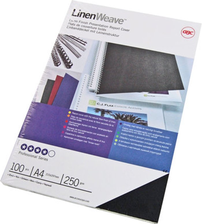 Currys Business | GBC GBC LinenWeave A4 Binding Cover 250gsm Black (Pack of 100) CE050010 GBC GBC LinenWeave A4 Binding Cover 250gsm Black (Pack of 100) CE050010