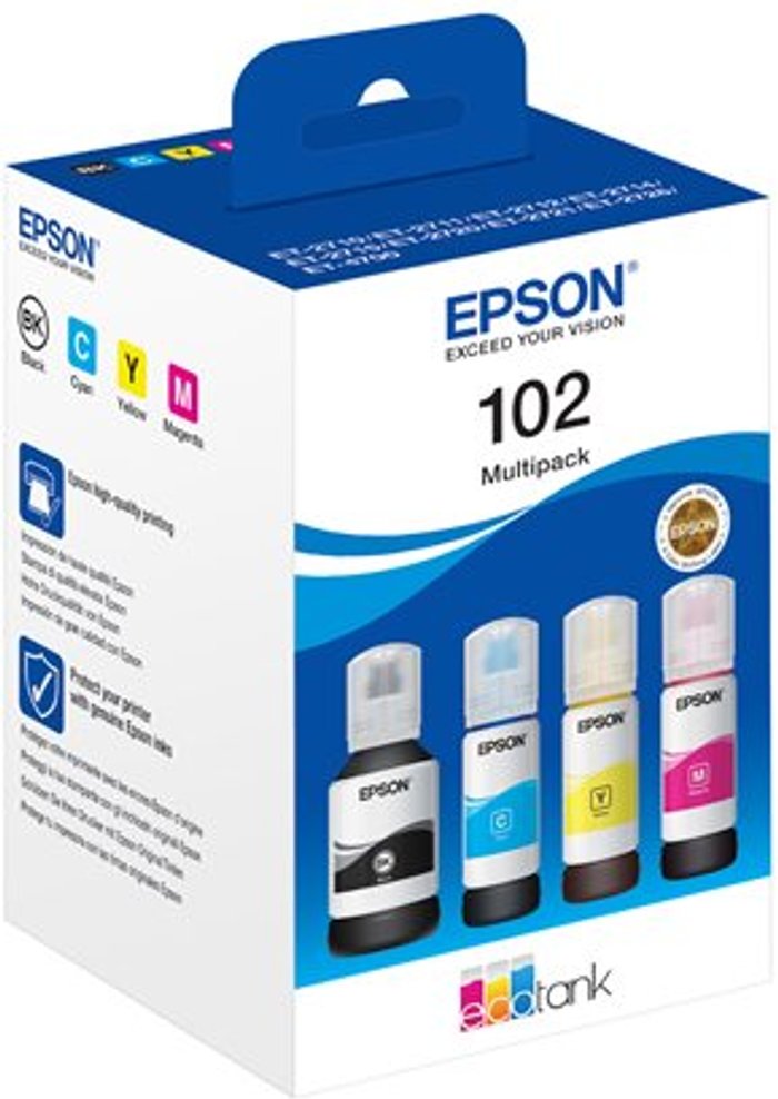 Currys Business | Epson EPSON 102 EcoTank Cyan, Magenta, Yellow & Black Ink Bottles Epson EPSON 102 EcoTank Cyan, Magenta, Yellow & Black Ink Bottles