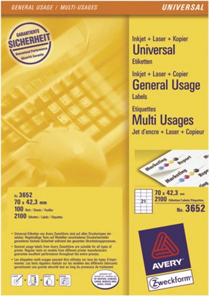 Currys Business | Avery Avery Ultragrip Multi Labels 70 x 42.3mm 21 Per Sheet White (Pack of 2100) 3652 Avery Avery Ultragrip Multi Labels 70 x 42.3mm 21 Per Sheet White (Pack of 2100) 3652