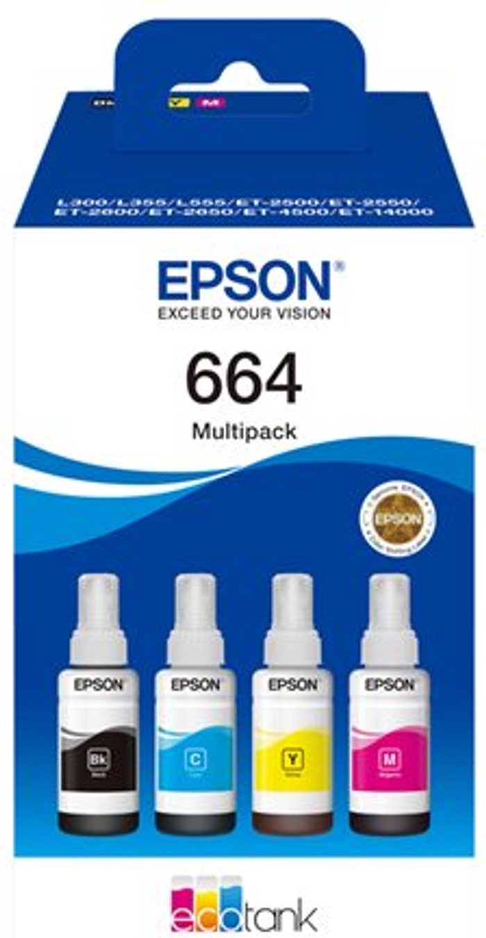 Currys Business | Epson EPSON 664 EcoTank Cyan, Magenta, Yellow & Black Ink Bottles Epson EPSON 664 EcoTank Cyan, Magenta, Yellow & Black Ink Bottles