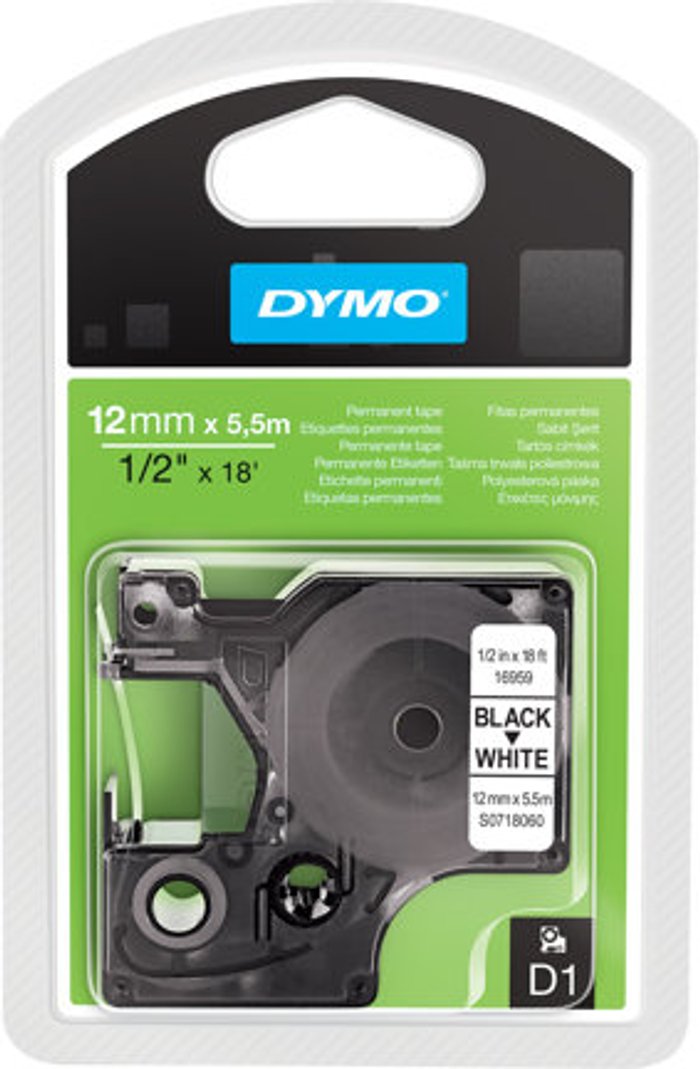 Currys Business | Dymo Dymo 16959 D1 Polyester Tape 12mmx5.5m Black on White S0718060 Dymo Dymo 16959 D1 Polyester Tape 12mmx5.5m Black on White S0718060