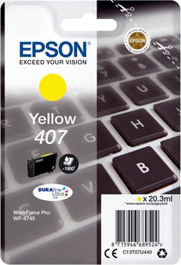 Currys Business | Epson Epson 407 Ink Cartridge DURABrite Ultra WF-4745 Series Keyboard Yellow C13T07U440 Epson Epson 407 Ink Cartridge DURABrite Ultra WF-4745 Series Keyboard Yellow C13T07U440