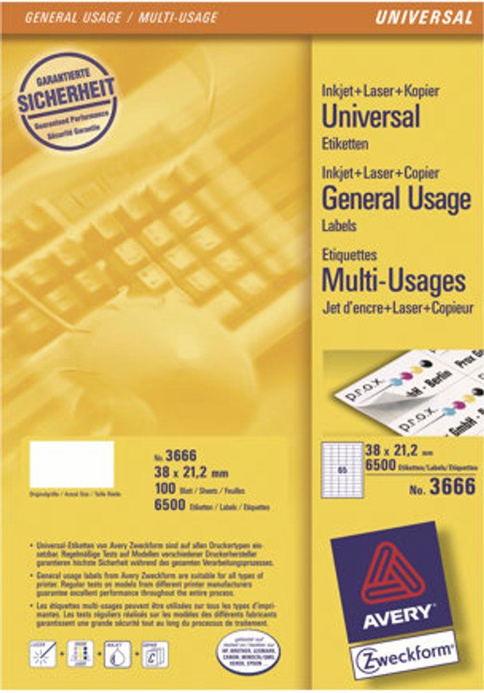 Currys Business | Avery Avery Ultragrip Multi Labels 38.1x21.2mm 65 Per Sheet White (Pack of 6500) 3666 Avery Avery Ultragrip Multi Labels 38.1x21.2mm 65 Per Sheet White (Pack of 6500) 3666