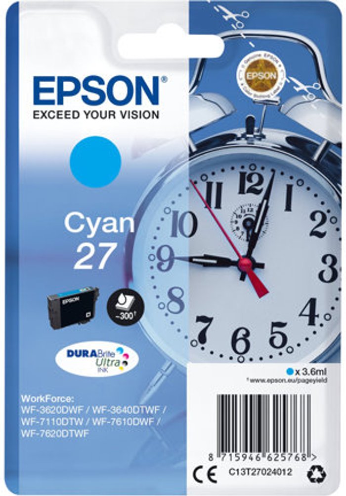 Currys Business | Epson Epson 27 Ink Cartridge DURABrite Ultra Alarm Clock Cyan C13T27024012 Epson Epson 27 Ink Cartridge DURABrite Ultra Alarm Clock Cyan C13T27024012