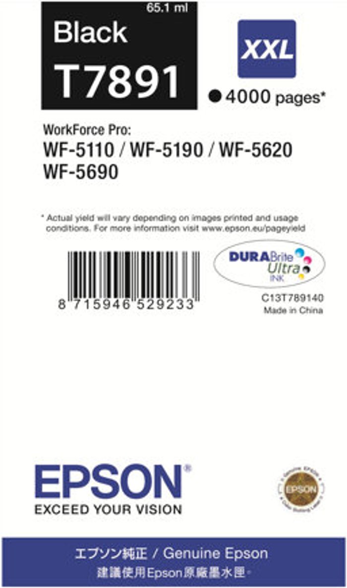 Currys Business | Epson Epson T7891 Ink Cartridge DURABrite Ultra XXL For WF-5110/5190/5620/5690 Series Black C13T789140 Epson Epson T7891 Ink Cartridge DURABrite Ultra XXL For WF-5110/5190/5620/5690 Series Black C13T789140
