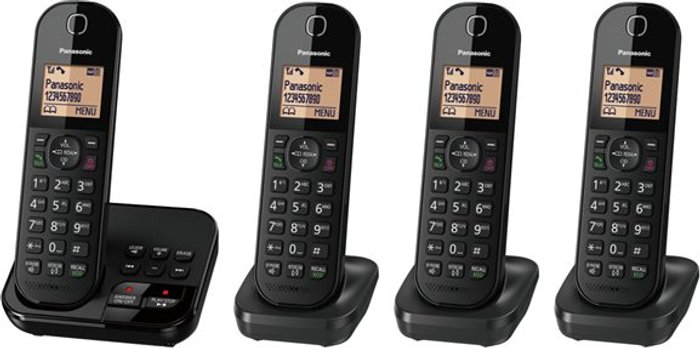 Currys Business | Panasonic PANASONIC KX-TGC424EB Cordless Phone with Answering Machine - Quad Handsets Panasonic PANASONIC KX-TGC424EB Cordless Phone with Answering Machine - Quad Handsets