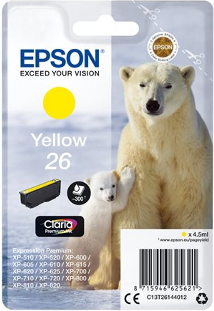 Currys Business | Epson Epson 26 Ink Cartridge Premium Claria Polar Bear Yellow C13T26144012 Epson Epson 26 Ink Cartridge Premium Claria Polar Bear Yellow C13T26144012