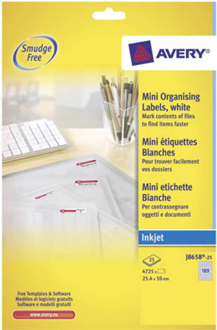 Currys Business | Avery Avery Inkjet Mini Labels 189 Per Sheet White (Pack of 4725) J8658-25 Avery Avery Inkjet Mini Labels 189 Per Sheet White (Pack of 4725) J8658-25