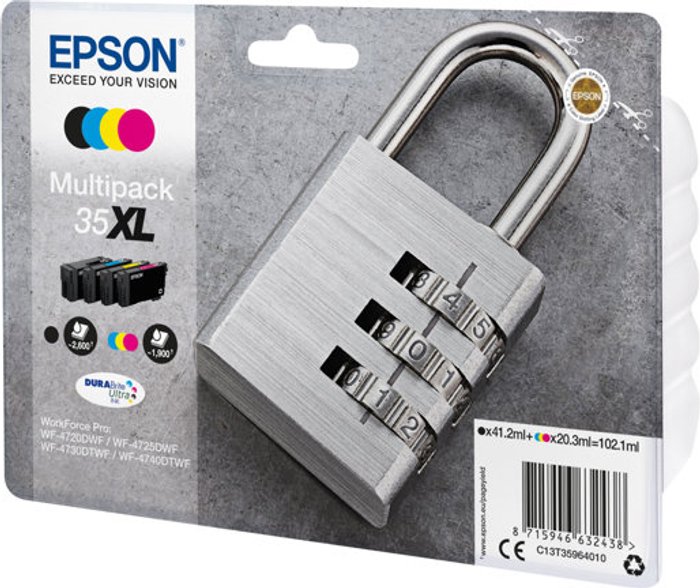 Currys Business | Epson Epson 35XL Ink Cartridge DURABrite Ultra High Yield Multipack Padlock CMYK C13T35964010 Epson Epson 35XL Ink Cartridge DURABrite Ultra High Yield Multipack Padlock CMYK C13T35964010