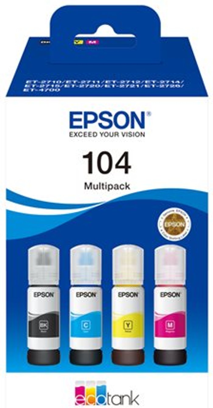 Currys Business | Epson EPSON 104 EcoTank Black, Cyan, Magenta & Yellow Ink Bottles Epson EPSON 104 EcoTank Black, Cyan, Magenta & Yellow Ink Bottles