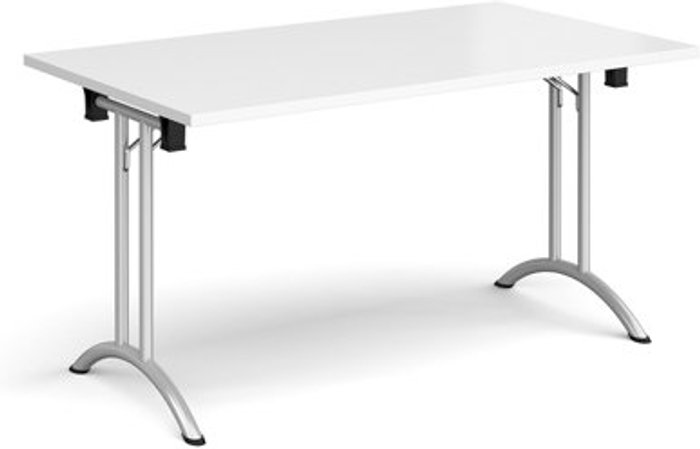 Office Monster | Dams Rectangular folding leg table with silver legs and curved foot rails 1400mm x 800mm - white Dams Rectangular folding leg table with silver legs and curved foot rails 1400mm x 800mm - white