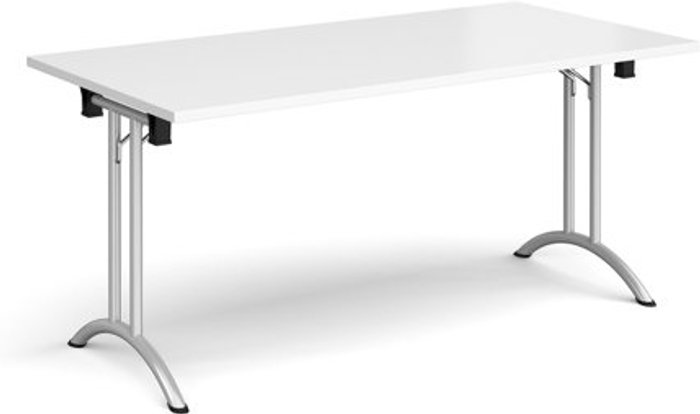 Office Monster | Dams Rectangular folding leg table with silver legs and curved foot rails 1600mm x 800mm - white Dams Rectangular folding leg table with silver legs and curved foot rails 1600mm x 800mm - white