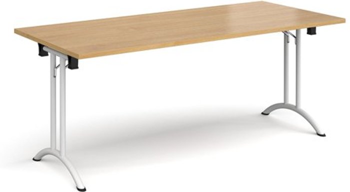 Office Monster | Dams Rectangular folding leg table with white legs and curved foot rails 1800mm x 800mm - oak Dams Rectangular folding leg table with white legs and curved foot rails 1800mm x 800mm - oak
